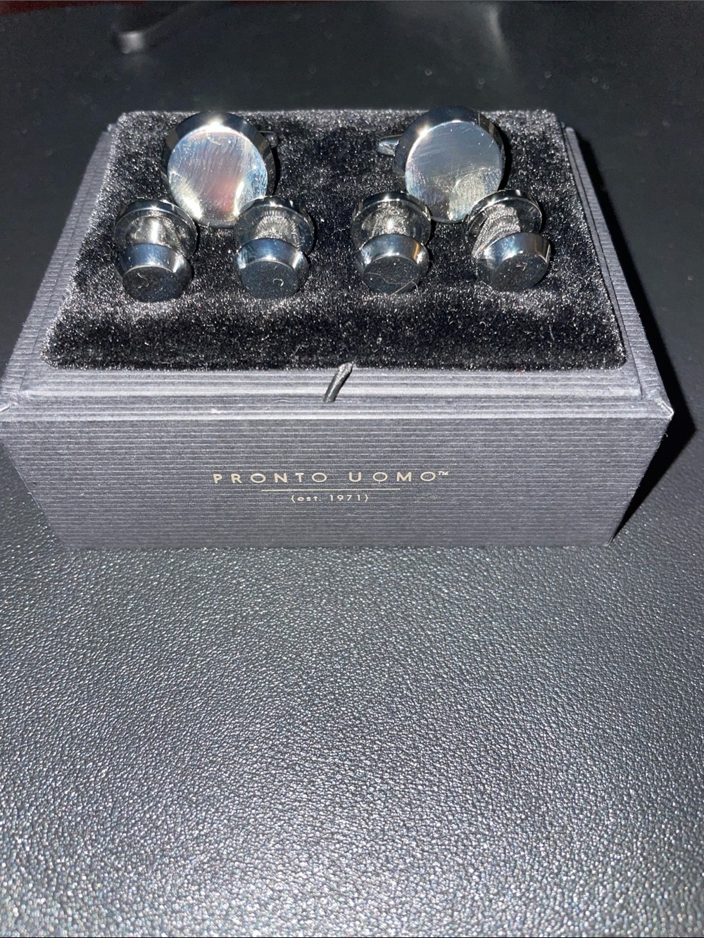 Pronto Uomo Polished Silver Tone Cufflinks and Matching Studs Set